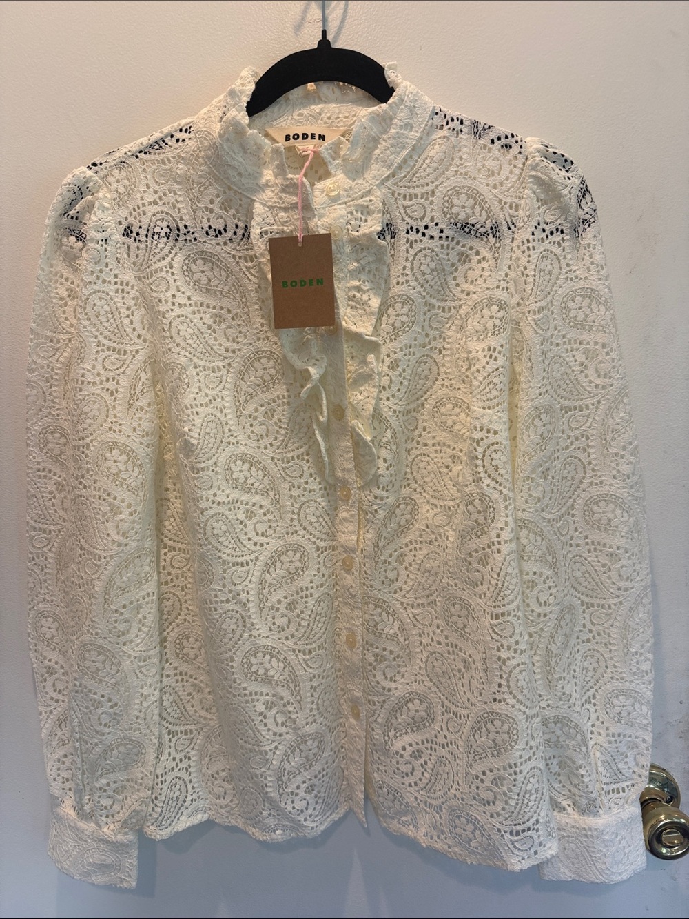 Boden Cream Lace Ruffle-Trim Blouse